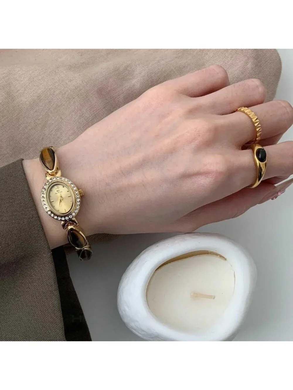 Women Diamond Brown Gold Analog Quartz Oval Dainty Vintage Bracelet Luxury Watch